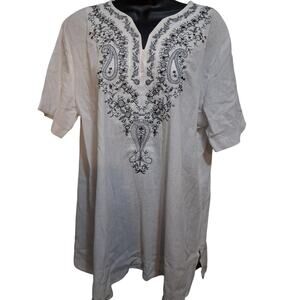 Turkiye Shirt XL White Embroidered Floral Embroidered Tunic Blouse 100% Cotton